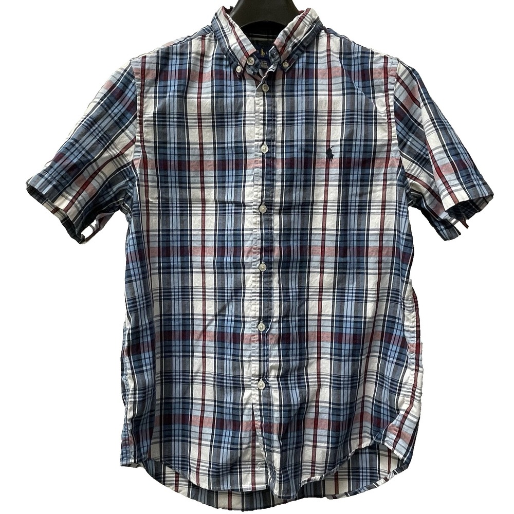 Polo Ralph Lauren Kid's XL Blue Plaid Shirt Sleeve Cotton Button Up Shirt